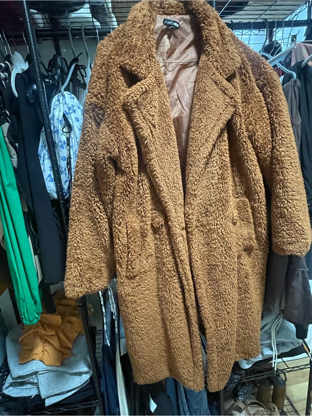 Fashion Nova Plush Teddy Coat in Camel Brown